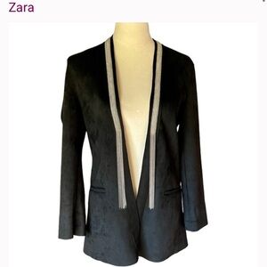 ZARA Faux Suede Black Metallic Fringe Trim Open Blazer Jacket - Women Size XS